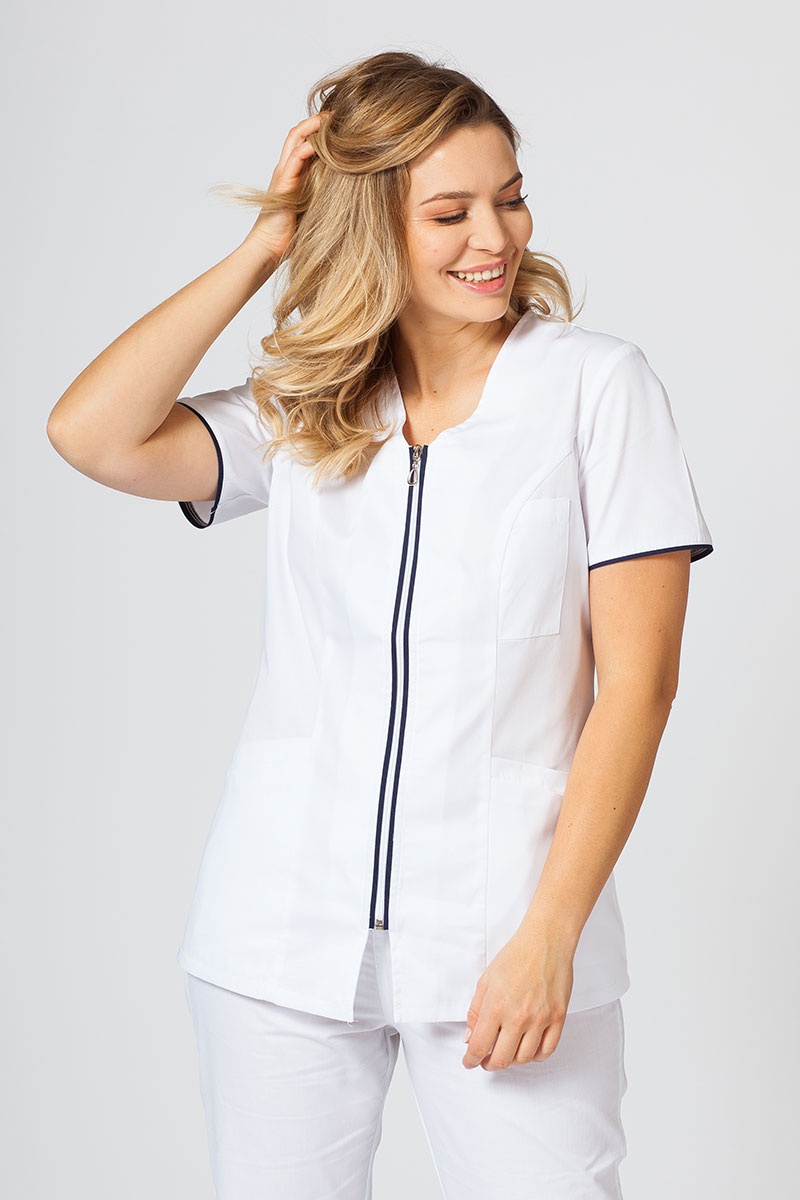Bluza medyczna damska na zamek Sunrise Uniforms biała/ciemny granat